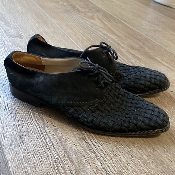 Vintage Via Spiga Black Suede Basket Weave Lace up Pointed Toe Oxford Loafers - Picture 2 of 7